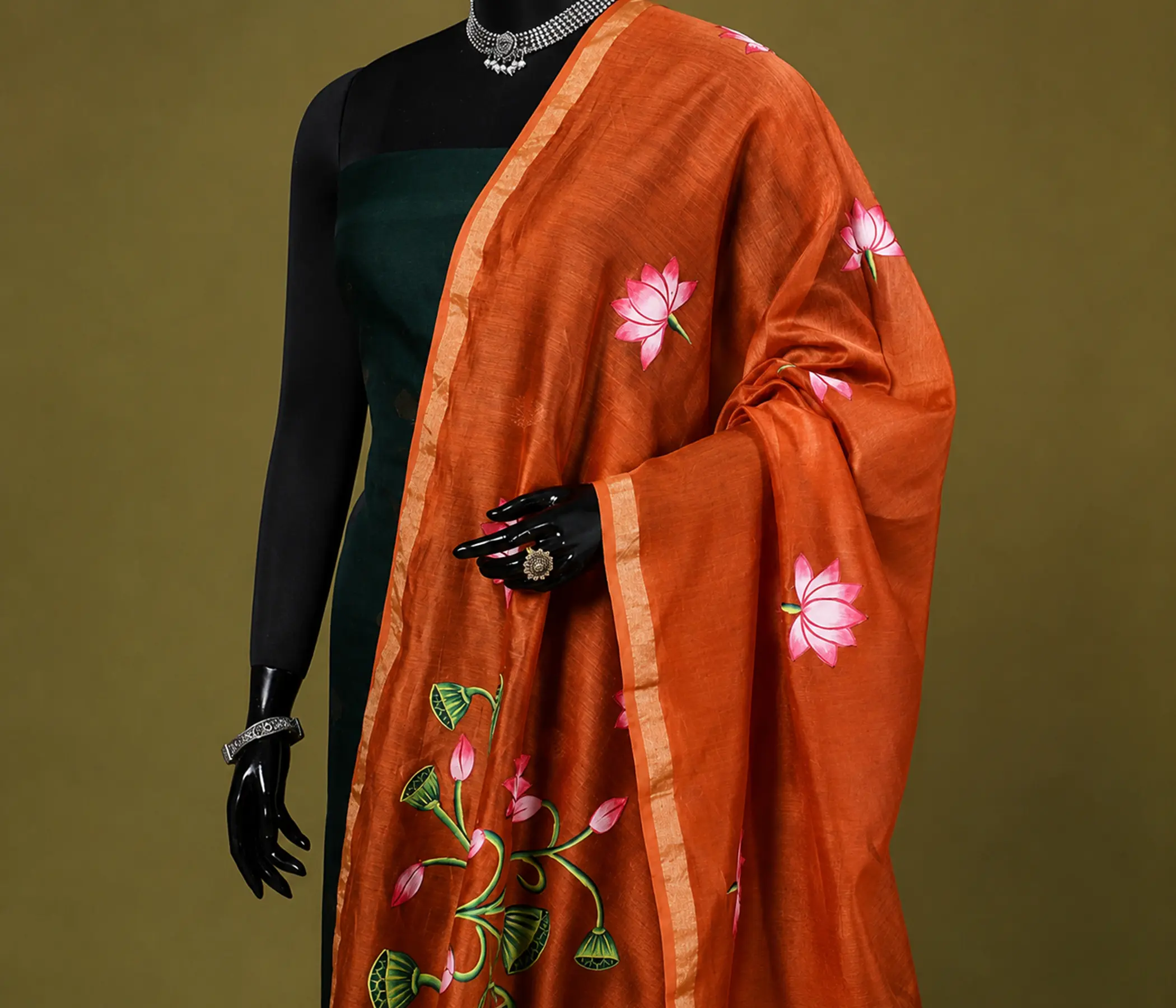 Hand-Painted Rust Orange Dupatta with Lotus and Pichwai Cow Art